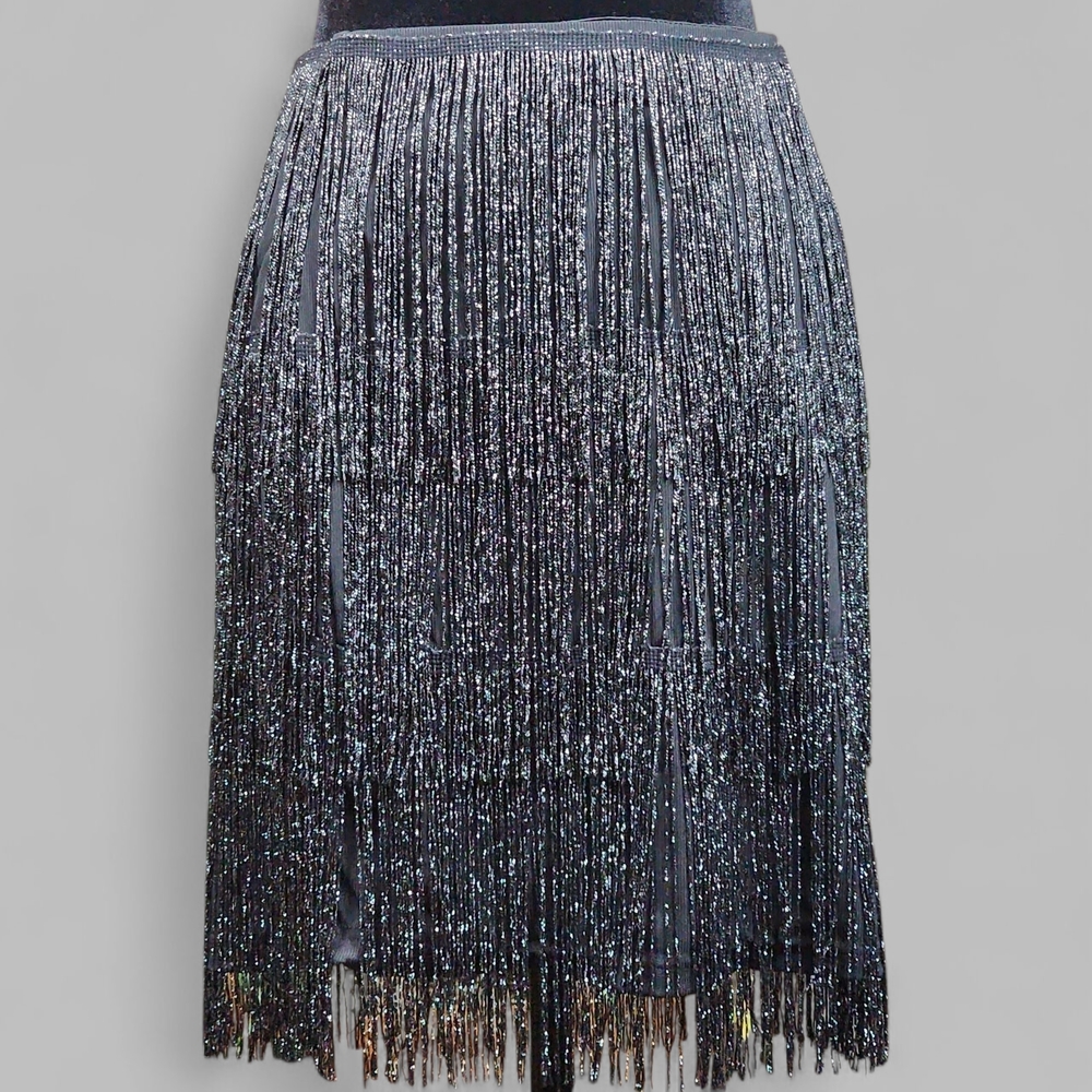 MANER | Fun Festive‎ Black Silver Fringe Ribbed Pencil Holiday Party Skirt | L